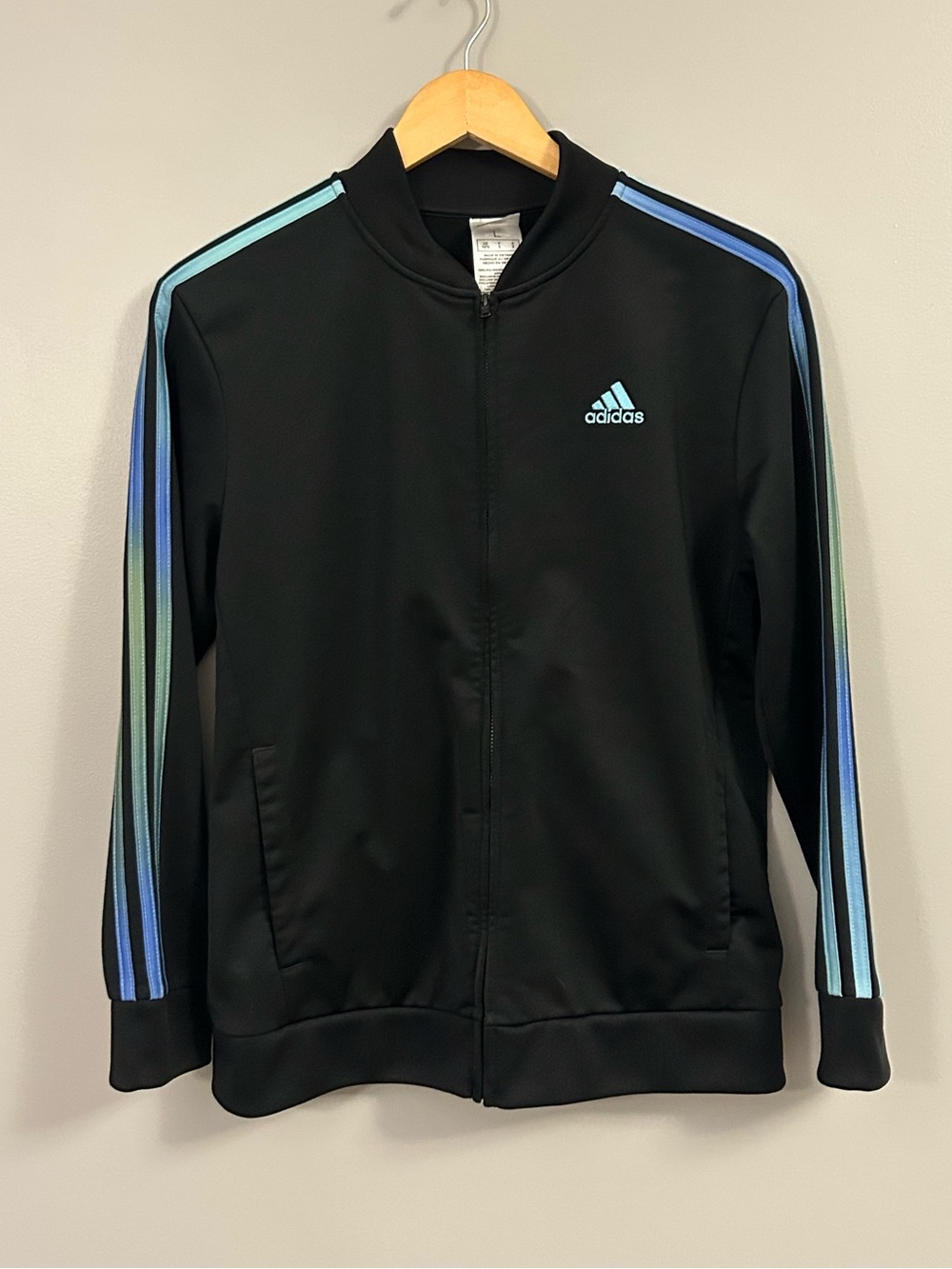 adidas Black Track Jacket with Blue and Teal Stripe Details Large 14/16